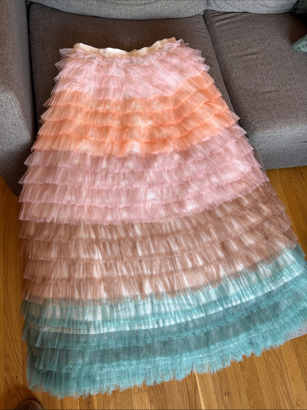 Beulah Pastel Ombre Tiered Ruffle Maxi Skirt — Pink, Peach, Tan, Aqua